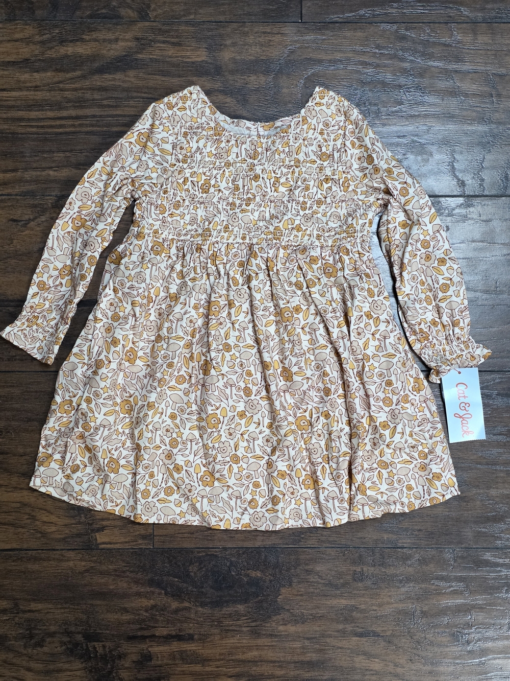 NWT Cat & Jack Cream Floral Smocked Long-Sleeve Dress with Mustard Accents